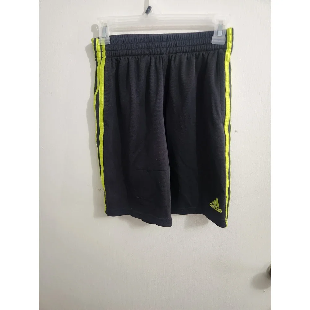 Adidas Boys Black Neon Yellow Stripe Mesh Athletic Shorts Size L 14-16